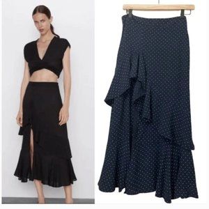 Zara polka dots layer midi skirt red dots black skirt S NWT